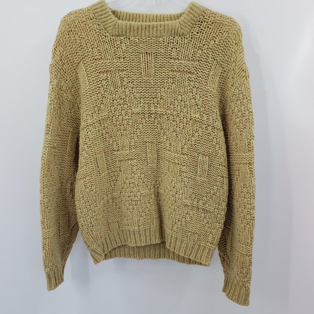 Vintage 70s Campus Sweater Unisex S Mustard Yellow Marled Diamond Textured Knit